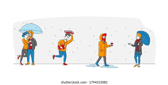 Wet Rainy Autumn or Spring Day, Weather. Happy Drenched Passerby Characters Wearing Cloaks with Umbrellas Walking Against Wind and Rain, Cold Water Pour From Sky. Linear People Vector Illustration