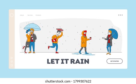 Wet Rainy Autumn or Spring Day Landing Page Template. Drenched Passerby Characters Wear Cloaks with Umbrellas Walking Against Wind and Rain, Cold Water Pour From Sky. Linear People Vector Illustration