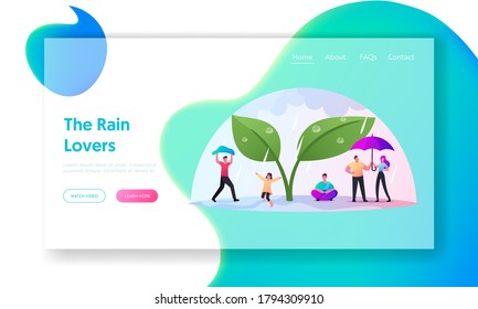 Wet Rainy Autumn or Spring Weather Landing Page Template. Tiny Characters with Umbrellas Hiding from Rain under Huge Plant, Cold Water Pour From Sky, People Drink Tea Walk. Cartoon Vector Illustration