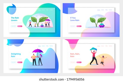 Wet Rainy Autumn or Spring Weather Landing Page Template Set. Tiny Characters with Umbrellas Hiding from Rain under Huge Plant, Cold Water Pour From Sky, People Drink Tea. Cartoon Vector Illustration
