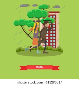 Wet, rainy weather concept vector illustration. Young couple running away from heavy rain. Torrential rain flat style design.