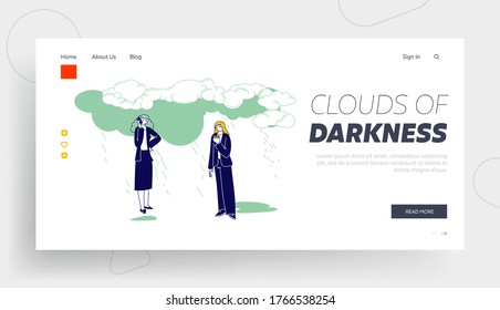 Wet Rainy Weather, Depression, Job Problems Landing Page Template. Businesswomen Characters with Phone and Cup under Rain Clouds. Drenched Girls under Water Pour from Sky. Linear Vector Illustration