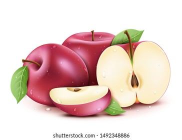 Wet Red Ripe Fresh Apples Sliced and Whole 3D Realistic with Water drops and Leaves In Isolated White Background Vector Illustration