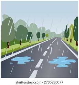 Estrada molhada em estilo plano para a cena da estação chuvosa com poças e chuva caindo.