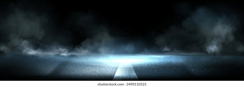 Wet road and smoke abstract background empty scene with asphalt texture and spotlight. Horror highway surface with smog and neon light. Danger scary banner bg. Mysterious escape stage at night