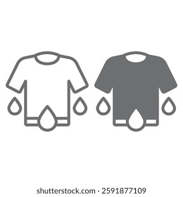 Wet shirt line and solid icon, laundry service concept. Vector graphics. Shirt with drops, washing clothes sign on white background, outline style icon for mobile or web design