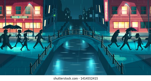 Wet, sloppy autumn weather cartoon vector concept. People under umbrellas walking on city street slush, crossing bridge illuminated with lampposts and signboards lights at rainy evening illustration