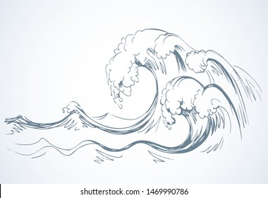 Wet spume curly breeze gale pure fluid motion scene. Outline black pen ink hand drawn sign icon symbol design sketchy in art doodle retro engrave style. Scenic view on space for text on light sky card