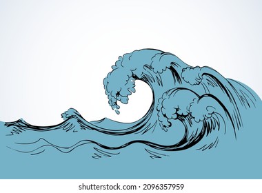 Wet spume curly breeze gale pure fluid motion scene. Outline black pen ink hand drawn sign icon symbol design sketchy in art doodle retro engrave style. Scenic view on space for text on light sky card