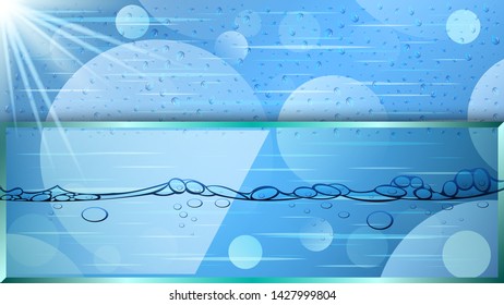 Wet surface, water drops, glare of light, bubbles in the liquid. Realistic detailed transparent water background behind the glass, banner. Vector Illustration