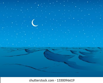 Wet teal spume curly motion horizon nightfall summer scenery. Bright aqua color hand drawn curve wind storm symbol in art cartoon style. Scenic view with space for text on deep cyan moonlight backdrop