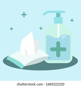 wet tissue box and hand sanitizer vector illustration editable eps file