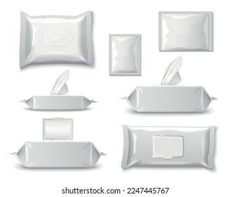 Wet tissue packaging realistic mockup set isolated vector illustration