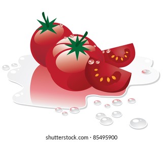 Wet Tomatoes Whole and sliced tomatoes in a splash of water. EPS 8 vector, grouped for easy editing, with no open shapes, strokes or transparencies.