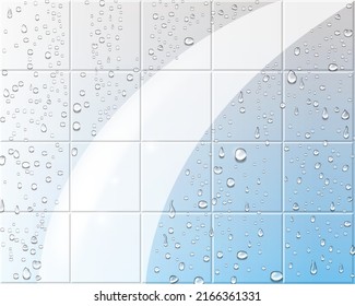 Nasswand, Fliesen mit Tropfen, sauberer Hintergrund, Haushaltsposter, vor und nach der Reinigung. Vektorgrafik.