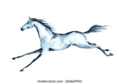 Wet watercolor galloping horse. Vector.