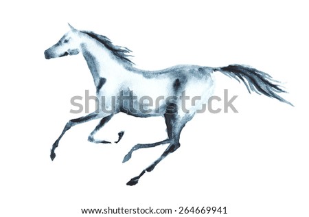Wet watercolor galloping horse. Vector.