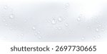 Wet white glass surface with crystal droplets and condensation for clean background. Fresh water beads or rain drops on window. Pure moisture texture with spherical bubbles. Teardrop overlay effect.