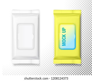 Wet wipe flow pack mockups with realistic transparent shadows isolated on white background. Vector ready template for your design. EPS10.