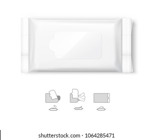 Wet wipe flow pack with realistic transparent shadows and icons on white background. Vector ready template for your design. EPS10.