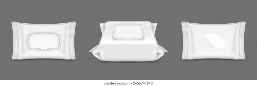 Wet wipe package with plastic flap mockup. Realistic 3d vector set of front and side view on white blank closed hygiene tissue pack. Template of bag or container for hygiene antibacterial napkin.