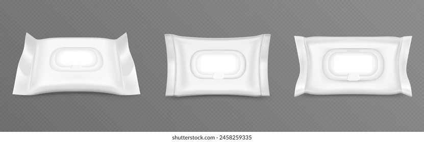 Wet wipe package with plastic flap mockup. Realistic 3d vector set of front and side view on white blank closed hygiene tissue pack. Template of bag or container for hygiene antibacterial napkin.