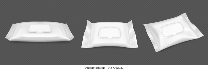 Wet wipe package with plastic flap mockup. Realistic 3d vector set of front and side view on white blank closed hygiene tissue pack. Template of bag or container for hygiene antibacterial napkin.