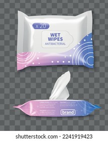 Wet wipe tissues realistic packaging mockup set with branding template on transparent background isolated vector illustration