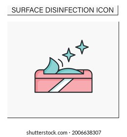 Wet wipes color icon. Disinfectant and cleaning cloth package linear pictogram. Concept of hygiene, corona virus infection spreading preventive measures and disinfection.Isolated vector illustration