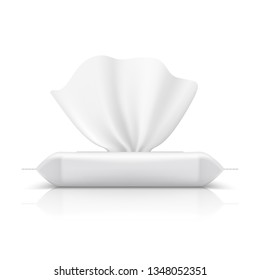 Wet wipes flow pack. Baby tissue realistic packaging blank makeup product white napkin plastic package. Flow pack vector template
