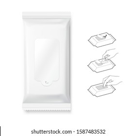Wet wipes flow pack isolated on white background. Template for your design. Vector illustration. EPS10.	