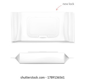 Wet wipes flow pack isolated on white background. Front and side view. Template for your design. Realistic vector illustration. EPS10.