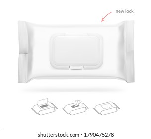 Wet wipes flow pack mockup isolated on white background. Template for your design. Vector illustration isolated on white background.  Сan be used for healthcare, medical and other needs. EPS10. 