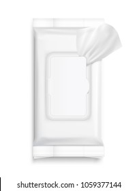 Wet wipes flow pack with realistic transparent shadows on white background. Vector template for your design. EPS10.