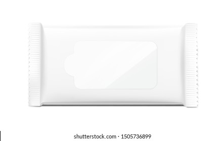 Wet wipes flow pack with realistic transparent shadows on white background. Taking your 2D designs into 3D. Can be use for medicine, food, cosmetic and other. EPS10.