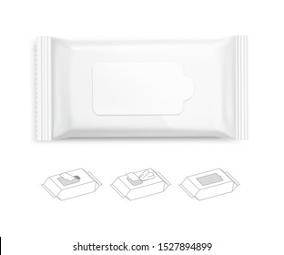 Wet wipes flow pack with realistic transparent shadows on white background. Taking your 2D designs into 3D. Can be use for medicine, food, cosmetic and other. EPS10.