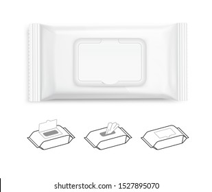 Wet wipes flow pack with realistic transparent shadows on white background. Taking your 2D designs into 3D. Can be use for medicine, food, cosmetic and other. EPS10.	