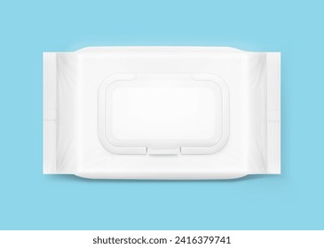 Wet wipes flow package mockup. Flat lay view. Realistic vector illustration isolated on blue background. Easy to use for presentation your product, idea, design. EPS10.