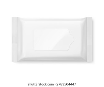 Wet wipes flow package mockup with realistic flap. Vector illustration isolated on white background. Can be use for your design, promo, adv and etc. Scalable without lose quality. EPS10.