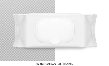 Wet wipes flow package mockup with realistic flap.3D hight realistic vector illustration isolated on white and transparentbackground. Scalable and editable without lose quality. Ready layered template for your design. EPS10.