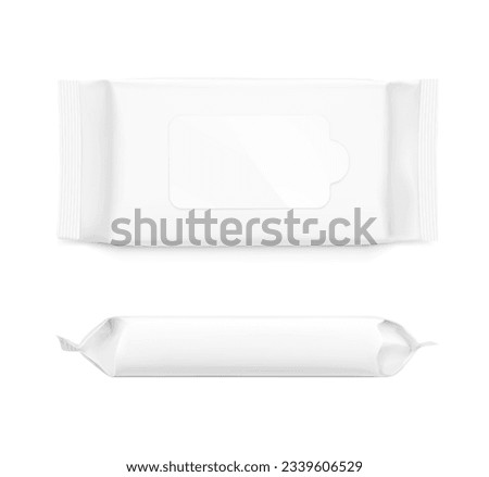 Wet wipes flow package mockup with realistic flap. Vector illustration isolated on white background. Can be use for your design, promo, adv and etc. EPS10.