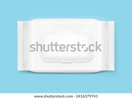 Wet wipes flow package mockup. Flat lay view. Realistic vector illustration isolated on blue background. Easy to use for presentation your product, idea, design. EPS10.