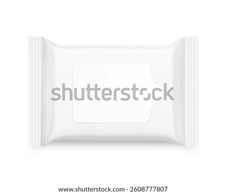 Wet wipes flow package mockup with realistic flap. Vector illustration isolated on white background. Can be use for your design, promo, adv and etc. EPS10.