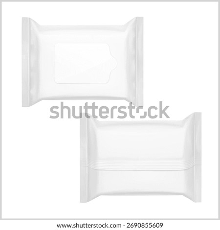 Wet wipes flow package mockup with realistic flap. Front and back views.Vector illustration isolated on white background. Can be use for your design, promo, adv and etc. EPS10.