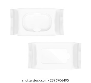 Wet wipes flow package mockups. Flat lay view. Realistic vector illustration isolated on white background. Easy to use for presentation your product, idea, design.  EPS10.