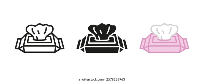 Wet wipes icon. Baby tissue vector illustration. Hygienic towels symbol. Disposable handkerchief sign. Paper napkins pictogram. Wet wipe pulling from a box concept isolated outline, black and colored.