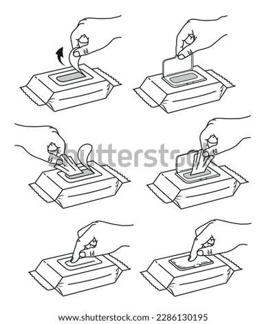 Wet wipes instruction for package open with arrows line isometric vector illustration. Male hand taking hygiene tissue napkin cosmetic facial makeup sanitary baby antibacterial hygienic pack scheme