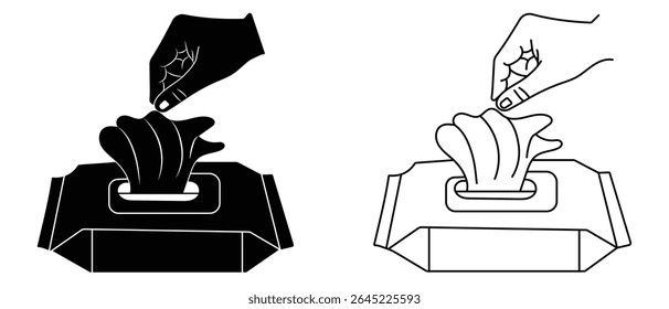 Limpa úmido vetor ícone do pacote. Silhueta de toalhetes de remoção de maquiagem, toalhetes design de símbolo de pacote para cuidados com a pele e produtos de higiene. Ilustração vetorial.