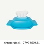 Wet wipes package 3D icon, minimal glossy blue hygiene pack with soft tissue for travel illustration