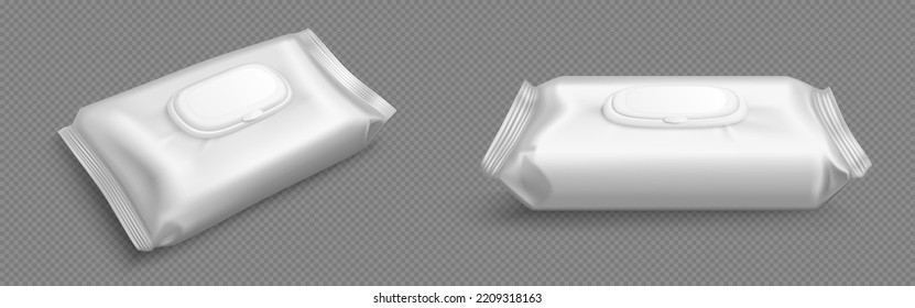 Wet wipes package, antibacterial napkins plastic pack template. Blank white box front and angle view. Toilet tissue realistic 3d vector cosmetic foil bag mockup isolated on transparent background - Shutterstock ID 2209318163